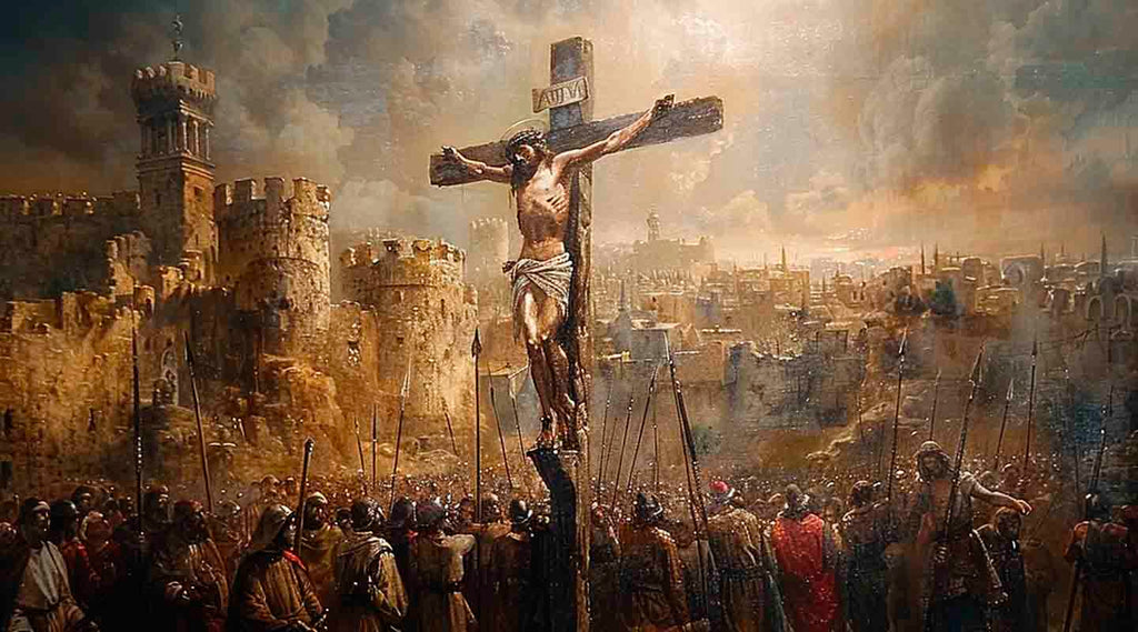 Painting of Jesus Christ on a cross next to Jerusalem old City