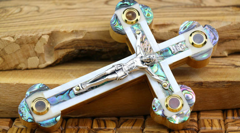 Olive Wood Crucifix with Mother of Pearl inlay and four holy elements