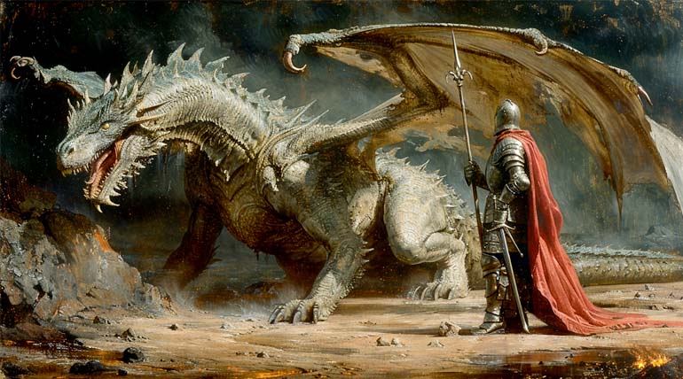 Baroque style painting of Saint George wearing armour and red cape, facing the dragon