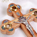 Standing Olive Wood Crucifix with Mother of Pearl decor