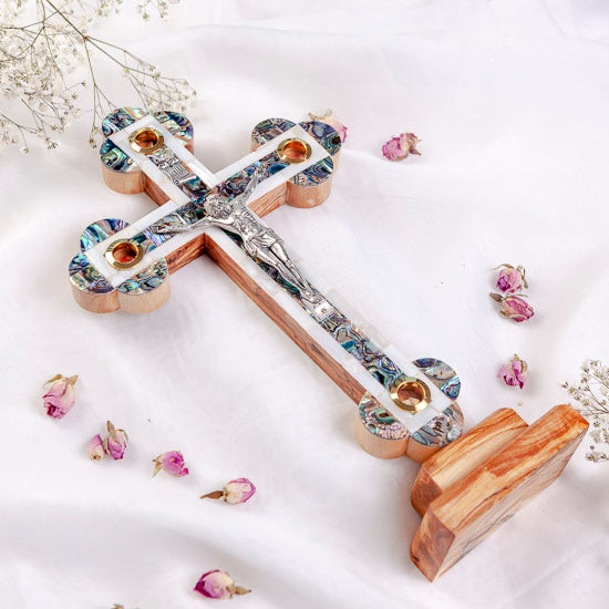 Artisanal Olive Wood Crucifix decorated with Mother of Pearl