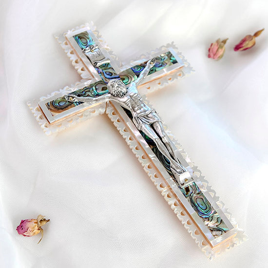 Beautiful Perforated Latin Cross with Crucifix and Mother of Pearl