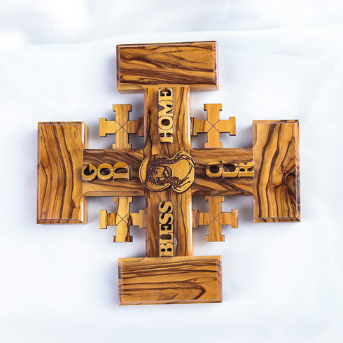 Small Olive Wood Jerusalem Cross for Wall - God Bless Our Home