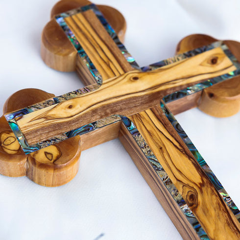 Olive Wood Budded Cross with Mother-of-Pearl and Stations of the Cross