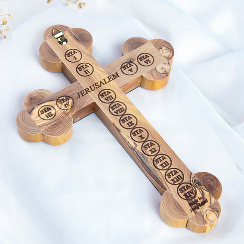 Olive Wood Budded Cross with Mother-of-Pearl and Stations of the Cross