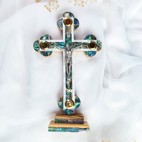 Standing Christian Budded Cross with Mother-of-Pearl and Holy Elements