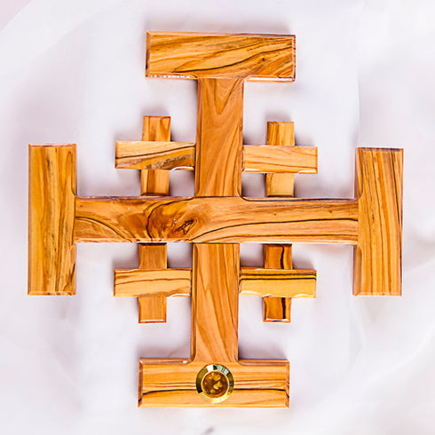 Arial view of a large olive wood Crusader Cross for wall