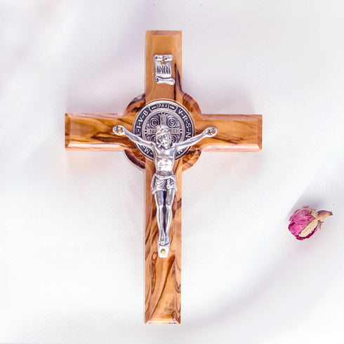 Saint Benedict Olive Wood Cross with Crucifix