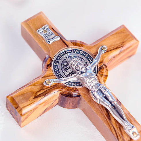 Saint Benedict Olive Wood Cross with Crucifix